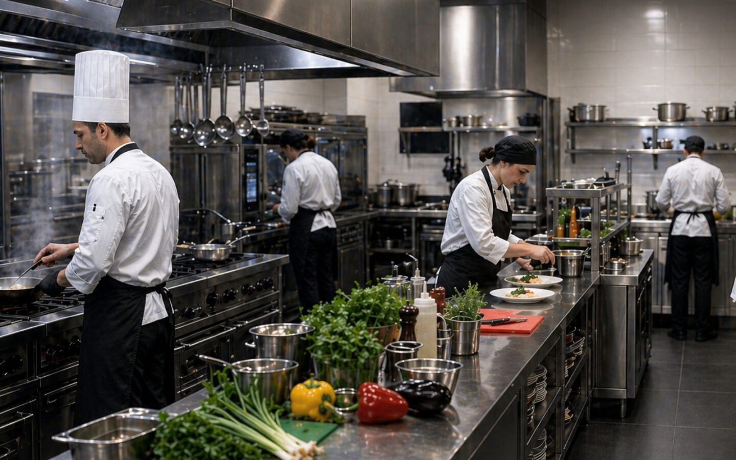 brigata di cucina lavora nelle proprie aree specifiche
